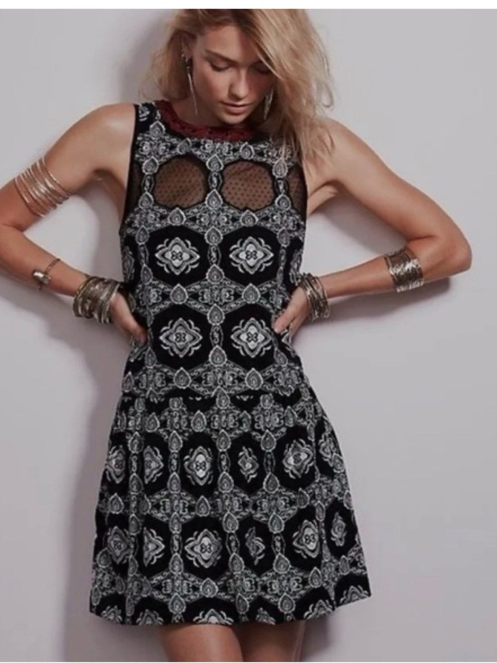 Free People Black and White Sleeveless Mini Dress with Mesh Insets